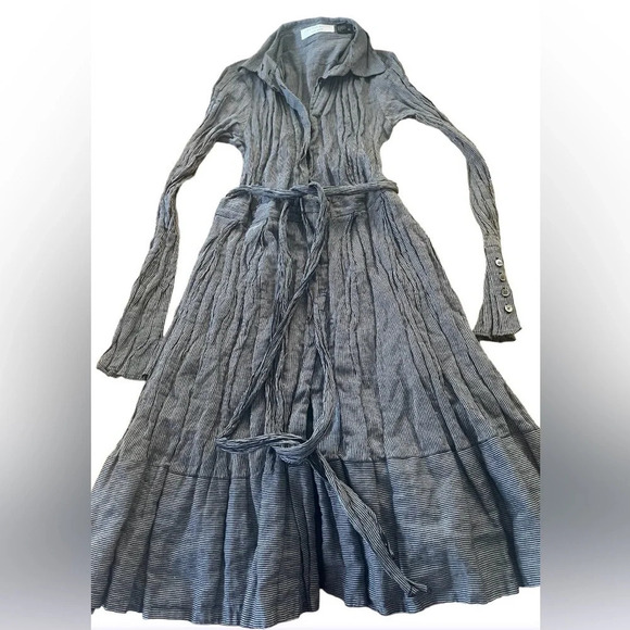 Charles Nolan black and gray striped button front long sleeve maxi dress… - Picture 3 of 7